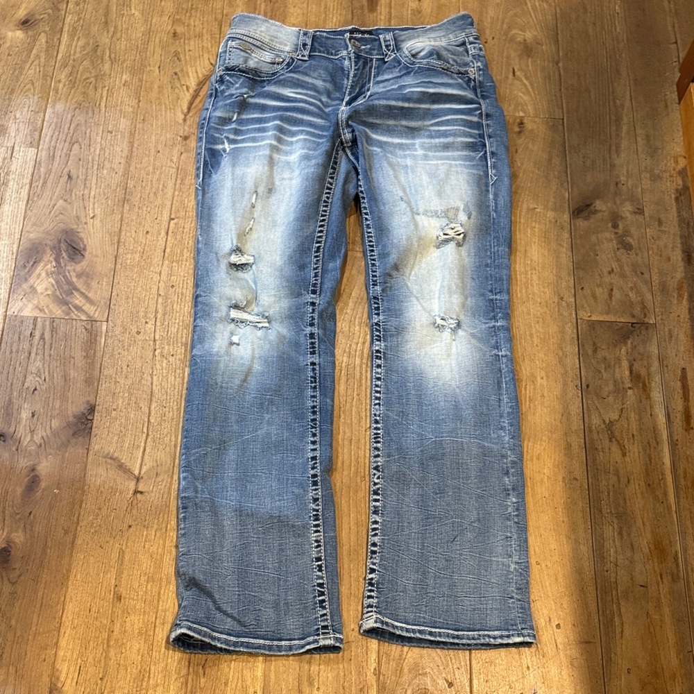 Buckle Black Distressed Boot Leg Blue Jeans
